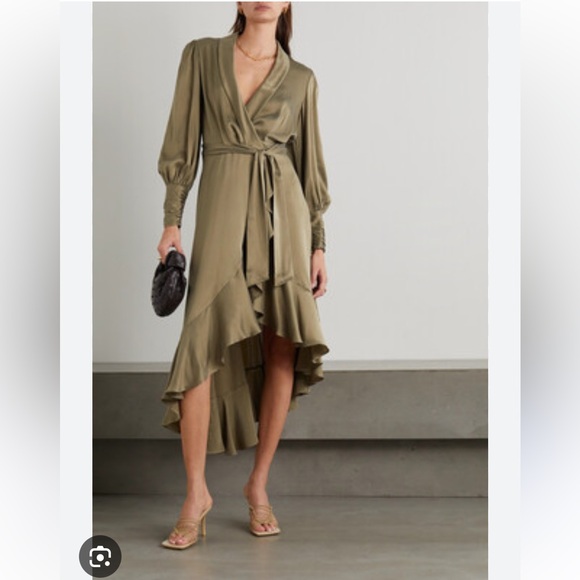 Zimmermann Asymmetric Ruffled Silk-satin Wrap Dress - Green 0P - Picture 1 of 2